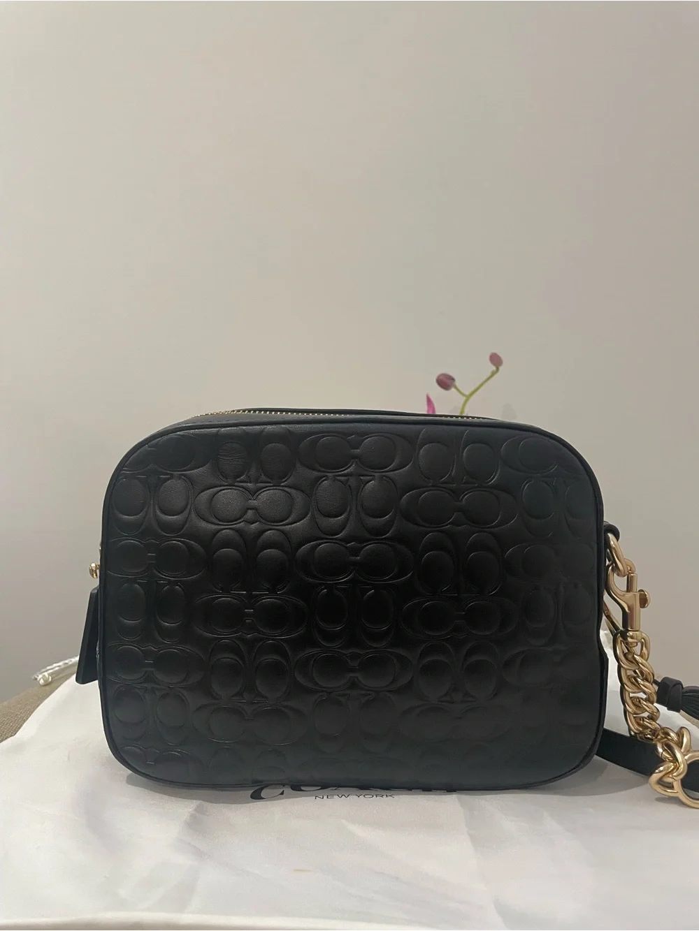 Coach Black Embossed Leather Camera Crossbody with Gold Chain